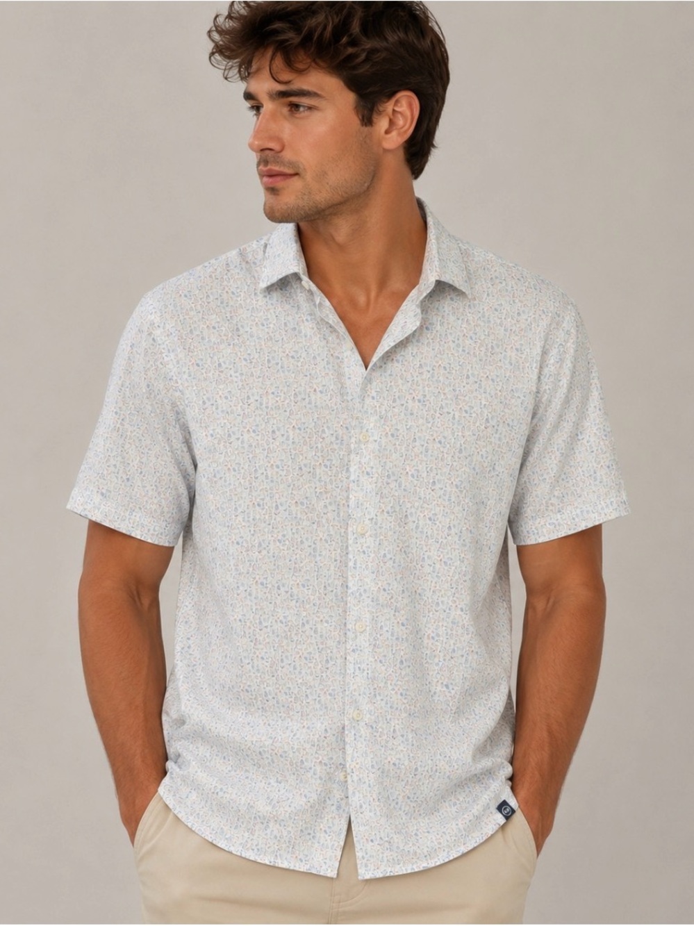 Peter Millar Micro-Print Cocktail Short Sleeve Button-Down Linen Shirt Size L